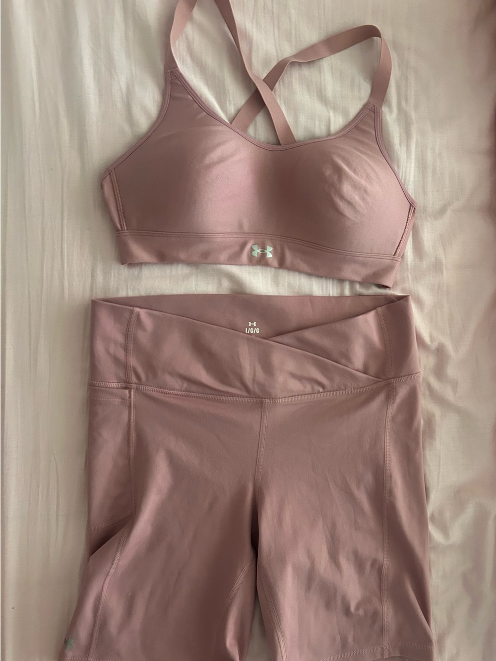 Under Armour Dusty Rose Crossback Sports Bra and High-Waist Bike Shorts